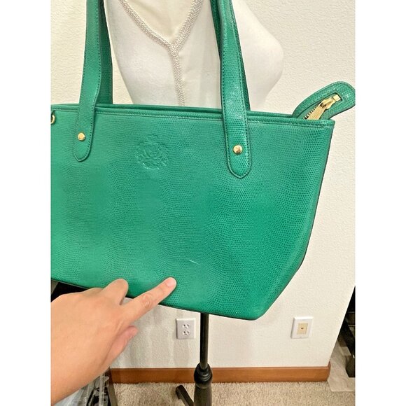 Ralph Lauren Embossed Leather Tote Bag Classic Green Shoulder Purse Handbag - Picture 2 of 14